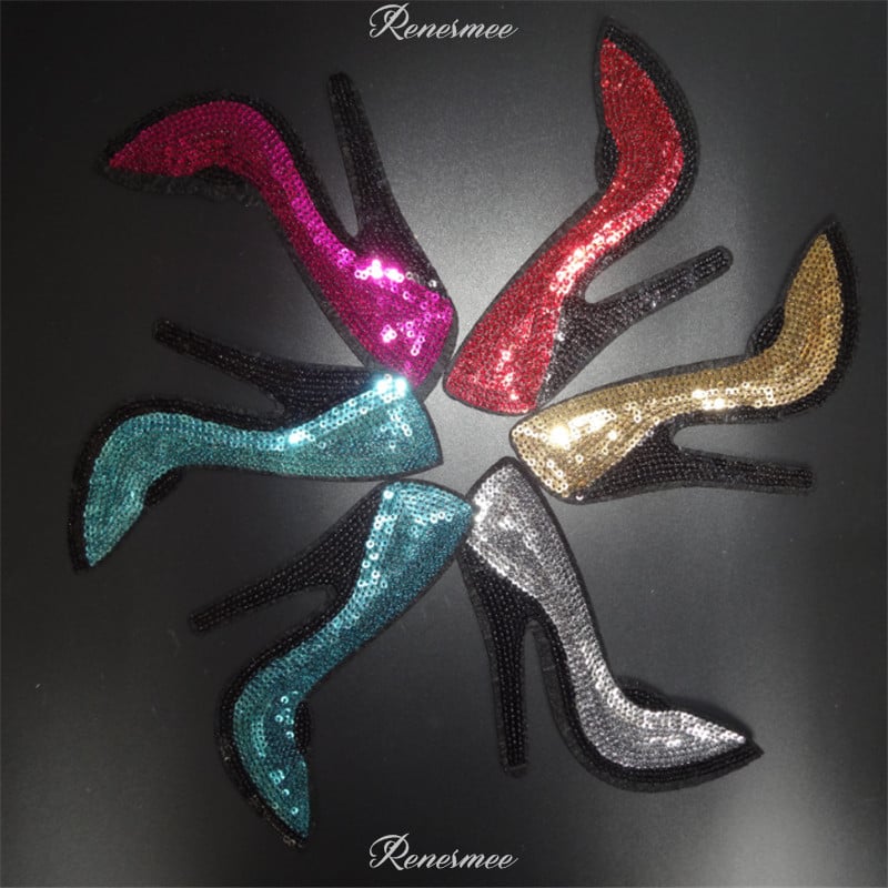 2 Ζευγάρια Κέντημα Ράψτε Σίδερο σε Patch Badge Ρούχα Μεταφορές ύφασμα Δαντέλα Απλικέ παγιέτες Ψηλοτάκουνα Αξεσουάρ DIY 10X15cm