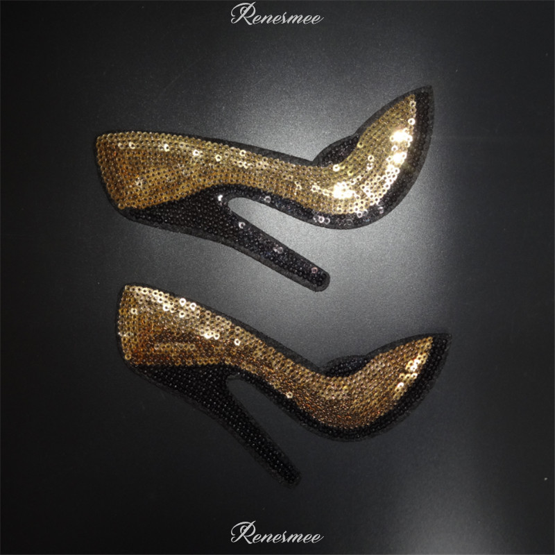 2 Ζευγάρια Κέντημα Ράψτε Σίδερο σε Patch Badge Ρούχα Μεταφορές ύφασμα Δαντέλα Απλικέ παγιέτες Ψηλοτάκουνα Αξεσουάρ DIY 10X15cm