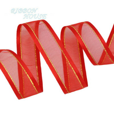 (10 jardi/gabals) 25 mm krēmkrāsas baltas platas, zelta malas organzas lentes vairumtirdzniecības dāvanu iesaiņošanas dekorēšanas lentes