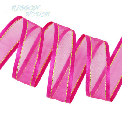 (10 jardi/gabals) 25 mm krēmkrāsas baltas platas, zelta malas organzas lentes vairumtirdzniecības dāvanu iesaiņošanas dekorēšanas lentes