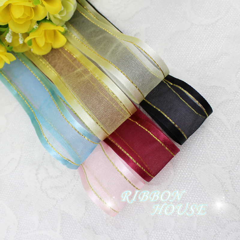 (10 jardi/gabals) 25 mm krēmkrāsas baltas platas, zelta malas organzas lentes vairumtirdzniecības dāvanu iesaiņošanas dekorēšanas lentes