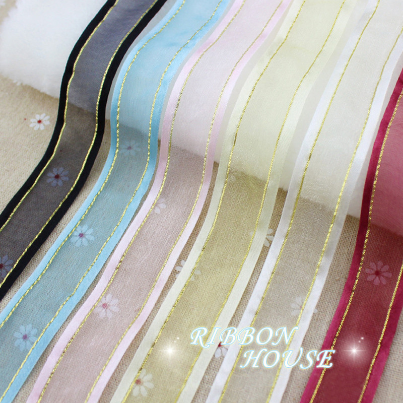 (10 jardi/gabals) 25 mm krēmkrāsas baltas platas, zelta malas organzas lentes vairumtirdzniecības dāvanu iesaiņošanas dekorēšanas lentes