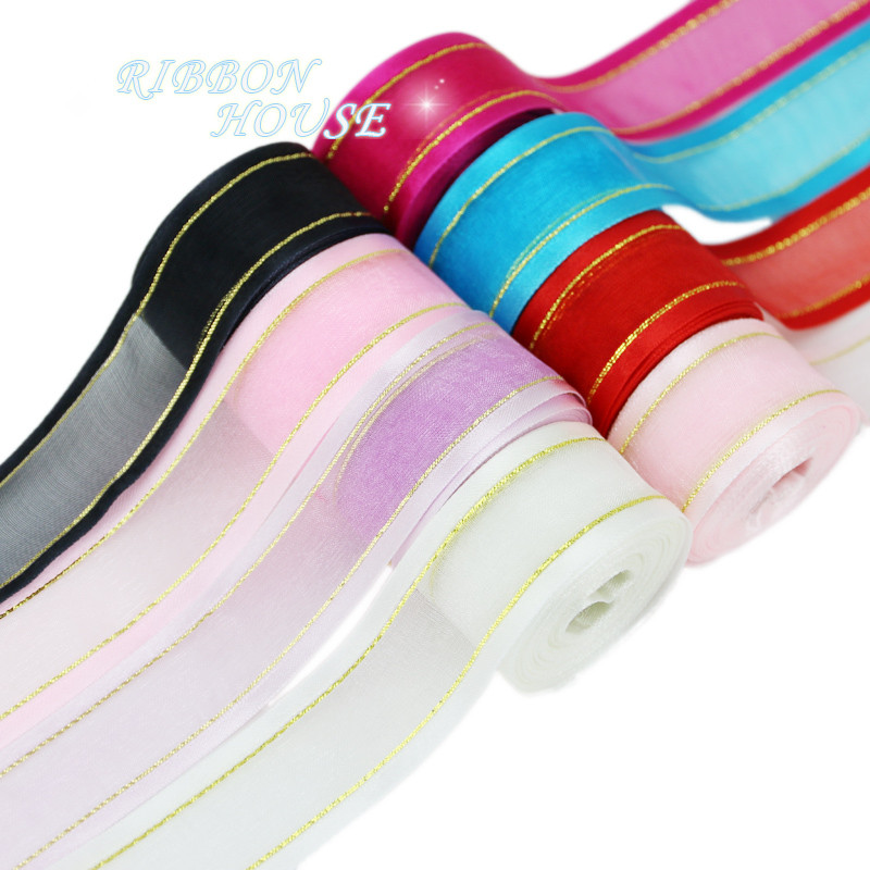 (10 jardi/gabals) 25 mm krēmkrāsas baltas platas, zelta malas organzas lentes vairumtirdzniecības dāvanu iesaiņošanas dekorēšanas lentes