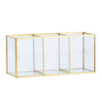 Прозрачна стъклена кутия за съхранение на четка за грим Златен контейнер за козметика Пръстен Молив Поставка за червило Органайзер за четки за грим