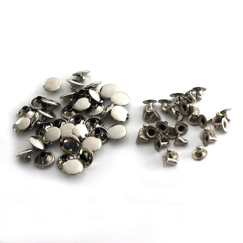 100 komplekti 6/8 mm metāla dubultā vāciņa kniedes, kniedes, apaļas kniedes ādas izstrādājumiem, metāla kniedēm, tapas, ādas amatniecības skrūves