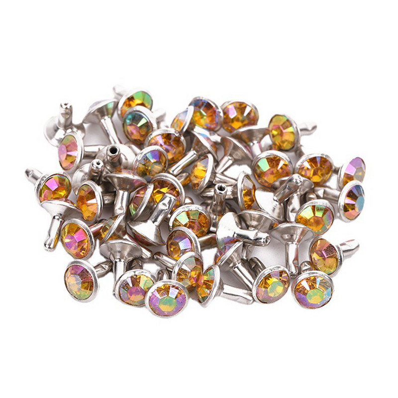 50GAB Divpusējas krāsainas Rhinestone kniedes, DIY roku šūšana, apģērbu soma, cepure, poga, malas apdares piederumi