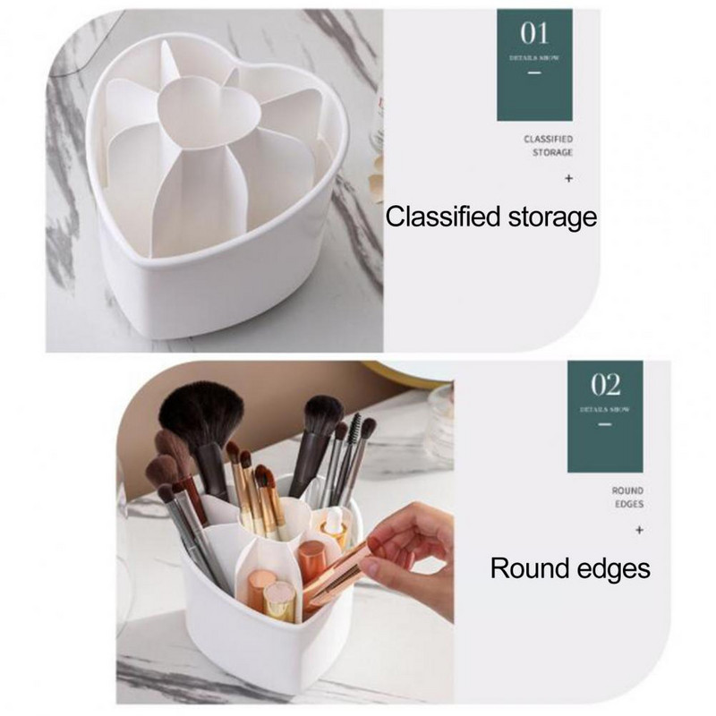 Kosmētikas futrālis ar caurspīdīgu vāku, 360 grādos rotējošs, sirds formas tualetes galdiņš, grima otu turētājs darbvirsmas organizators