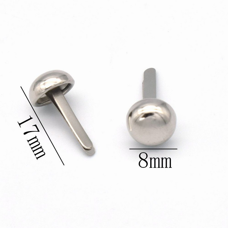 100 gab. Sudraba, apaļas kupolveida somiņa pēdas 8 mm rokassomu naglu uzgaļi apaļas kupolveida kniedes Ādas somiņas pēdas soma konusveida pēdas