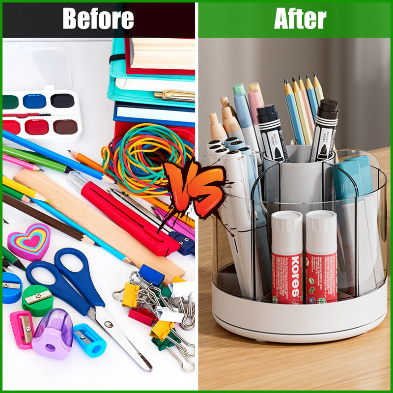 Rotējams zīmuļu organizētājs ar 6 nodalījumiem 360° grozāms, noņemams kosmētikas uzglabāšanas kastīte, apaļa, grozāma kosmētikas otiņa