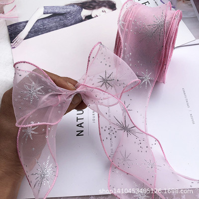 5 jardu sudraba pulvera sniegpārsliņas apdrukāta organzas traipu lente amatniecībai, matu aksesuāri, dāvanu kastītes iepakojuma materiāli