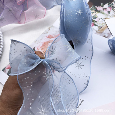 5 jardu sudraba pulvera sniegpārsliņas apdrukāta organzas traipu lente amatniecībai, matu aksesuāri, dāvanu kastītes iepakojuma materiāli