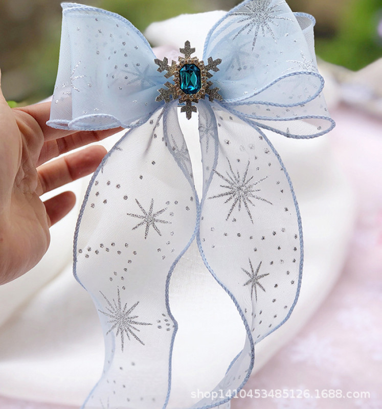 5 jardu sudraba pulvera sniegpārsliņas apdrukāta organzas traipu lente amatniecībai, matu aksesuāri, dāvanu kastītes iepakojuma materiāli