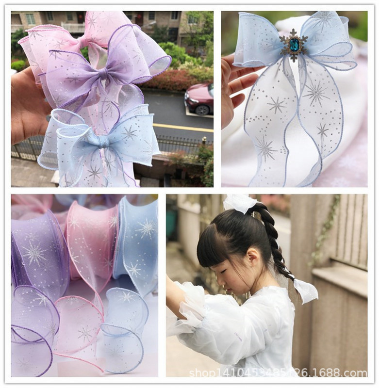 5 jardu sudraba pulvera sniegpārsliņas apdrukāta organzas traipu lente amatniecībai, matu aksesuāri, dāvanu kastītes iepakojuma materiāli