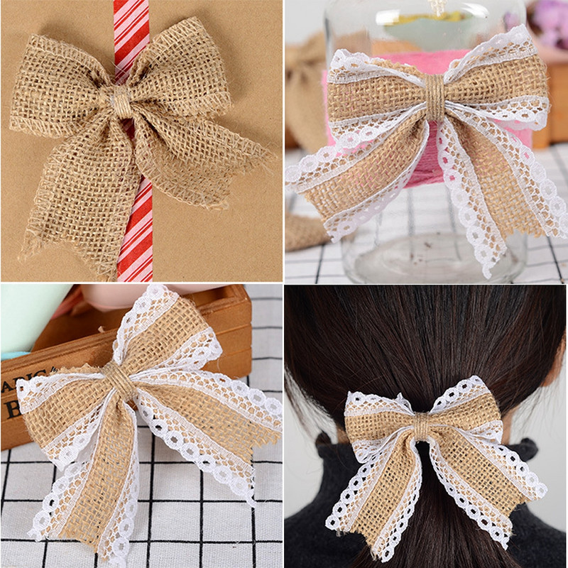 5/10 τμχ Συσκευασία δώρου Vintage κορδέλα από γιούτα Φιόγκοι για χειροτεχνίες DIY από φυσική γιούτα λινάτσα κορδέλα δαντέλα Χριστουγεννιάτικη διακόσμηση γάμου Σπίτι