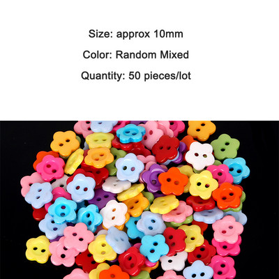 Детски шевни копчета Пластмасови дрехи 10 мм 50 бр. 2 дупки Форма на цвете Произволни смесени цветове Аксесоари за дрехи Скрапбукинг Ръчно изработени