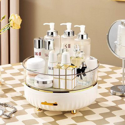 Didelės talpos kosmetikos laikymo dėžutė Stalčiaus tipas Dviejų sluoksnių laikymo 360° besisukantis makiažo tvarkytuvas su neslystančia pėdų padėklu