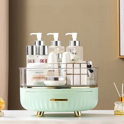 Didelės talpos kosmetikos laikymo dėžutė Stalčiaus tipas Dviejų sluoksnių laikymo 360° besisukantis makiažo tvarkytuvas su neslystančia pėdų padėklu