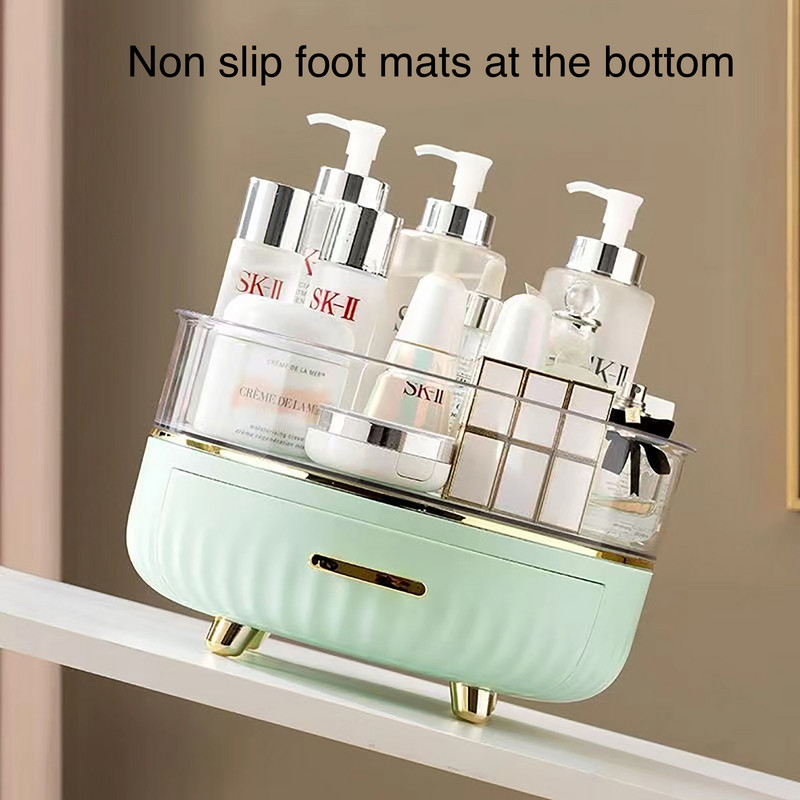 Didelės talpos kosmetikos laikymo dėžutė Stalčiaus tipas Dviejų sluoksnių laikymo 360° besisukantis makiažo tvarkytuvas su neslystančia pėdų padėklu