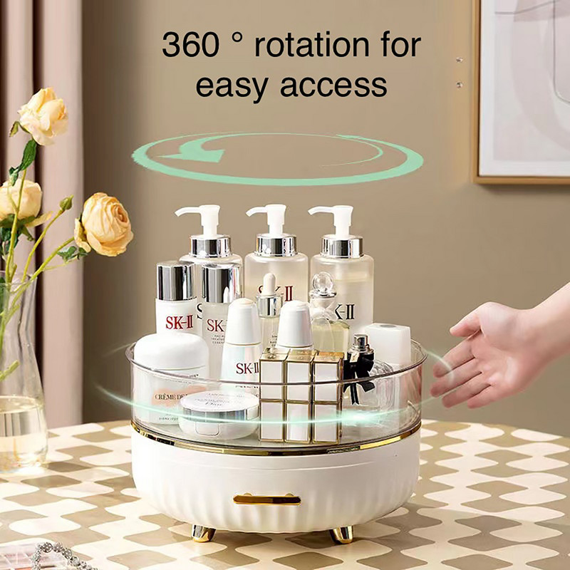 Didelės talpos kosmetikos laikymo dėžutė Stalčiaus tipas Dviejų sluoksnių laikymo 360° besisukantis makiažo tvarkytuvas su neslystančia pėdų padėklu