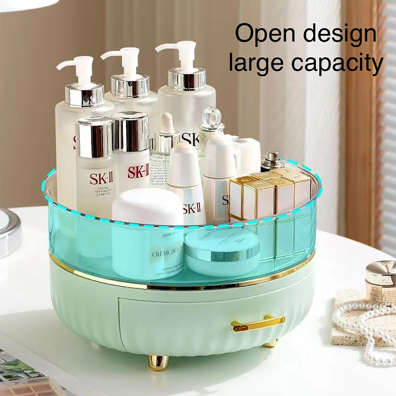 Didelės talpos kosmetikos laikymo dėžutė Stalčiaus tipas Dviejų sluoksnių laikymo 360° besisukantis makiažo tvarkytuvas su neslystančia pėdų padėklu