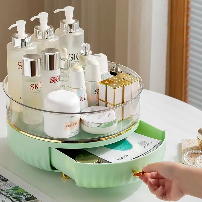 Didelės talpos kosmetikos laikymo dėžutė Stalčiaus tipas Dviejų sluoksnių laikymo 360° besisukantis makiažo tvarkytuvas su neslystančia pėdų padėklu