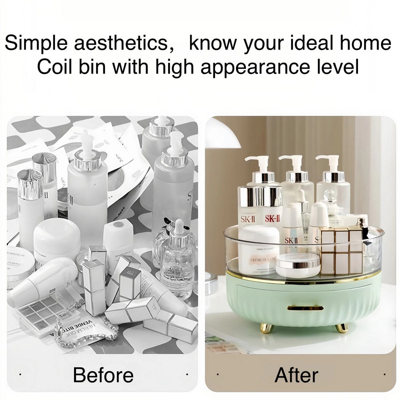 Didelės talpos kosmetikos laikymo dėžutė Stalčiaus tipas Dviejų sluoksnių laikymo 360° besisukantis makiažo tvarkytuvas su neslystančia pėdų padėklu
