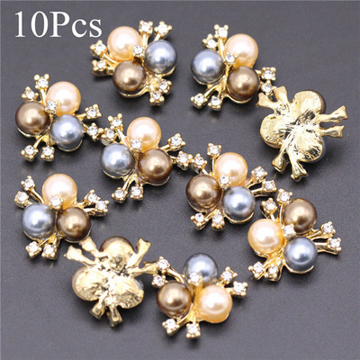 10 gab. Ziedu Pērļu Rhinestone pogas Amatniecībai Plakana mugura Dārgakmeņi Dekoratīvie pogas Sakausējums Diamante Crystal Bow Juvelierizstrādājumu aksesuāri