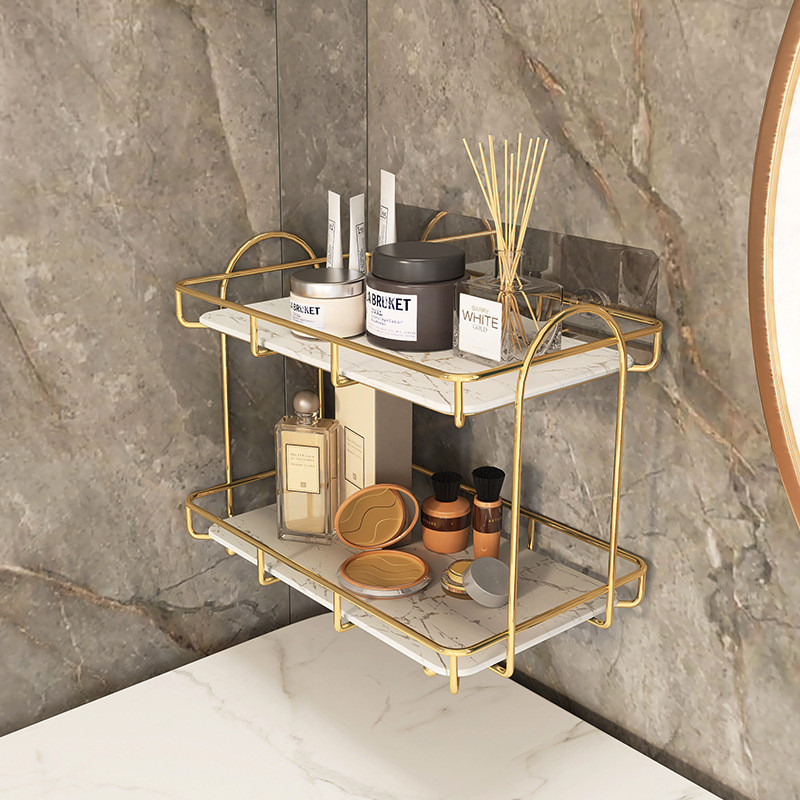 Tualetes piederumi Plaukts Tualetes piederumi Galds Lūpu krāsa Smaržas Iron Art Nordic Toilet Countertop Double Light Luxury Desktop Storage Rack