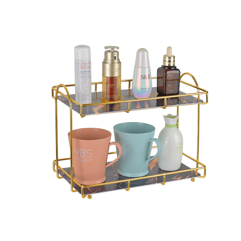 Tualetes piederumi Plaukts Tualetes piederumi Galds Lūpu krāsa Smaržas Iron Art Nordic Toilet Countertop Double Light Luxury Desktop Storage Rack