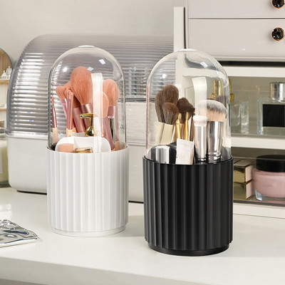 Makeup Brush Holder Transparent Dustproof Multi-compartment with Lid 360° Rotating Makeup Brush Display Case Office Supplies
