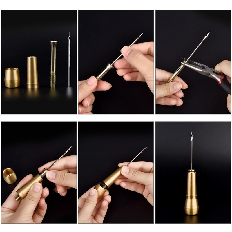 Ādas šūšanas komplekts DIY Ādas šūšanas auklas adata ar vara rokturi Ādas audekla telts apavu labošanas rīks ar neilona diegu