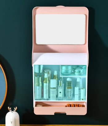 Кутия за съхранение на стена с огледало Кутия за съхранение на козметика Кутия за съхранение с голям капацитет Тоалетка Поставка за продукти за грижа за кожата Червило