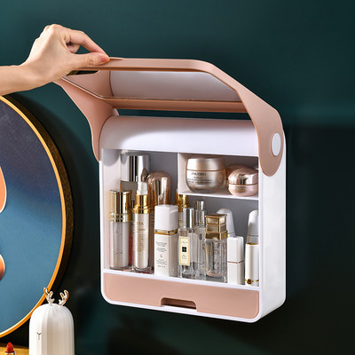 Pie sienas stiprināma uzglabāšanas kaste ar spoguli kosmētikas uzglabāšanas kastītei, lielas ietilpības uzglabāšanas kastīte, lūpu krāsas ādas kopšanas produktu plaukts