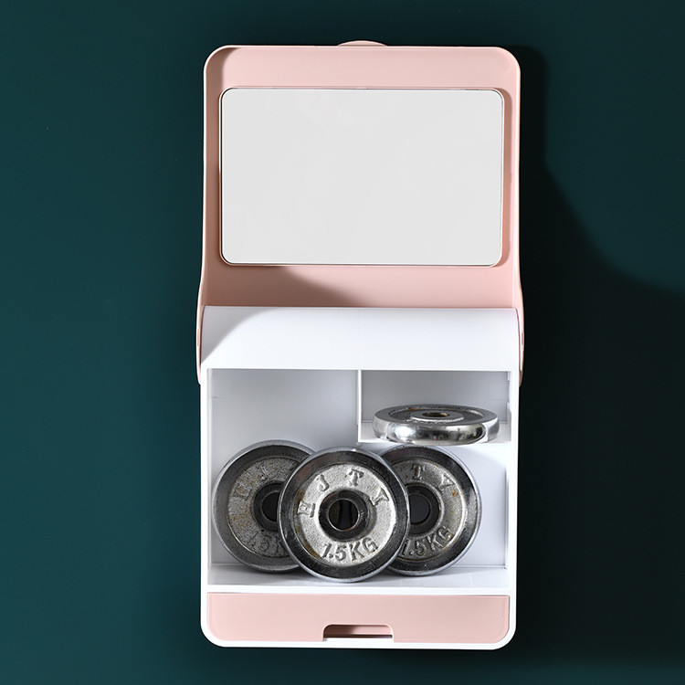 Pie sienas stiprināma uzglabāšanas kaste ar spoguli kosmētikas uzglabāšanas kastītei, lielas ietilpības uzglabāšanas kastīte, lūpu krāsas ādas kopšanas produktu plaukts