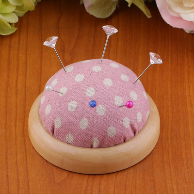 Vintage Half Round Pin Cushion with Wooden Base, Needle Storage Holder for Sewing Stitching Needlepoint