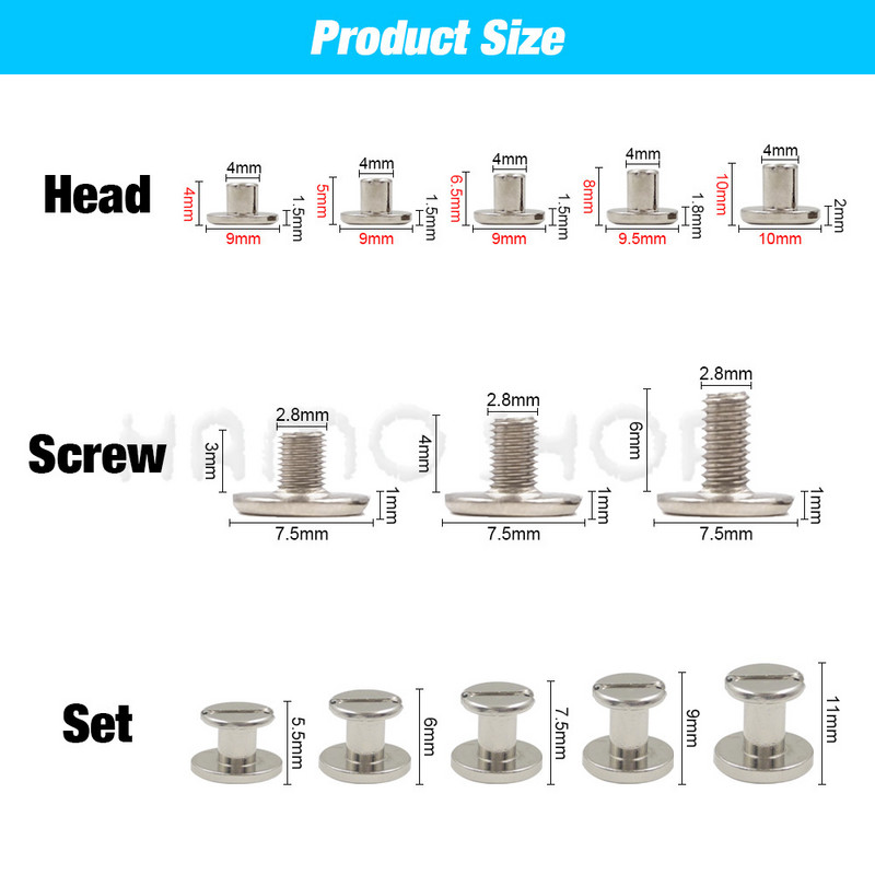 10 rinkinių, metalinių tvirtų varžtų vinių kniedės, dvigubos išlenktos galvos diržo juostos, kniedės, knygų varžtai, skirti bagažui, odiniams rankdarbiams, drabužiams / krepšiui / batams