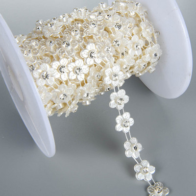 1 Yards πλάτος 12mm ABS Flatback Imitation Pearl με λουλούδι από στρας 4mm για Στολή Νυφικών Απλικέ Κατασκευή κοσμημάτων