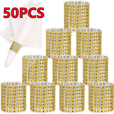 Jauni 100/50/30 gab Rhinestone salvešu gredzeni Bling dekorācija Kāzu vakariņas Eleganti zelta šķembu salvešu gredzenu turētāji ballīšu piederumi