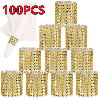 Jauni 100/50/30 gab Rhinestone salvešu gredzeni Bling dekorācija Kāzu vakariņas Eleganti zelta šķembu salvešu gredzenu turētāji ballīšu piederumi