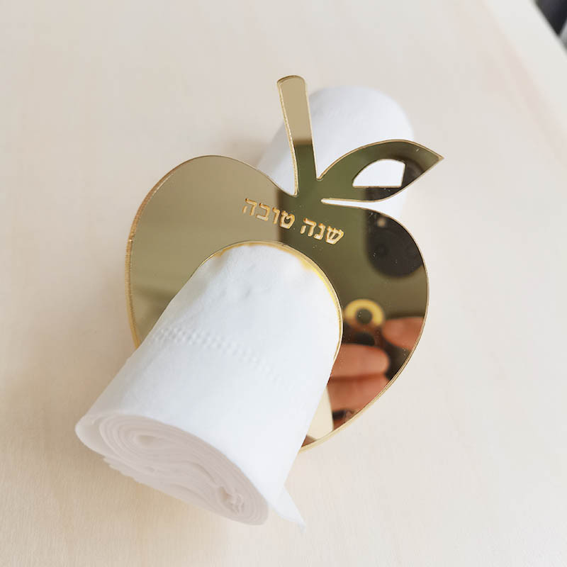 12 gab. Personalizēts ebreju salvešu turētājs, akrila zelta ābola formas salvešu gredzens kāzu ballītei, pielāgots ebreju salvešu turētājs