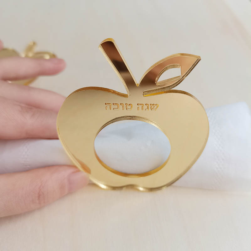 12 gab. Personalizēts ebreju salvešu turētājs, akrila zelta ābola formas salvešu gredzens kāzu ballītei, pielāgots ebreju salvešu turētājs