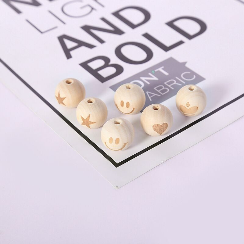 10 gab. 20 mm grebuma raksts koka krelles dabiskas krāsas apaļas formas zvaigznes smaida raksts mājas DIY roku darbs bērnu amatniecības piederumiem