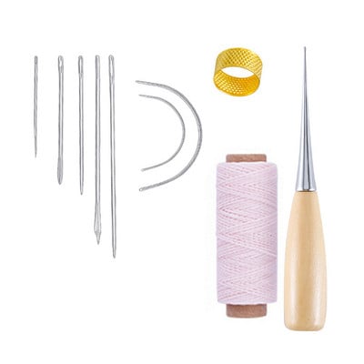 10 dalių rankinių odinių dirbinių įrankių rinkinys su adata, odine vaškuota sriegio gręžimo yla ir antpirščiu odai taisyti