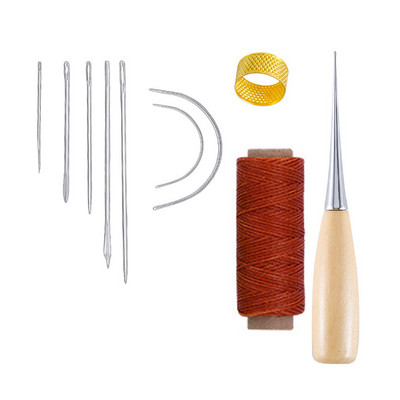 10 dalių rankinių odinių dirbinių įrankių rinkinys su adata, odine vaškuota sriegio gręžimo yla ir antpirščiu odai taisyti