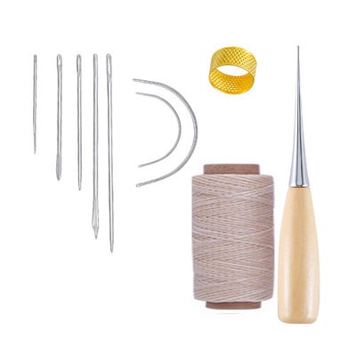 10 dalių rankinių odinių dirbinių įrankių rinkinys su adata, odine vaškuota sriegio gręžimo yla ir antpirščiu odai taisyti