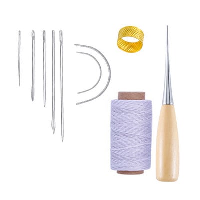 10 dalių rankinių odinių dirbinių įrankių rinkinys su adata, odine vaškuota sriegio gręžimo yla ir antpirščiu odai taisyti