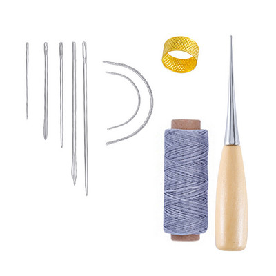 10 dalių rankinių odinių dirbinių įrankių rinkinys su adata, odine vaškuota sriegio gręžimo yla ir antpirščiu odai taisyti