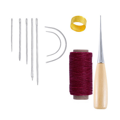 10 dalių rankinių odinių dirbinių įrankių rinkinys su adata, odine vaškuota sriegio gręžimo yla ir antpirščiu odai taisyti