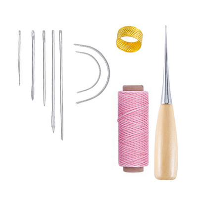 10 dalių rankinių odinių dirbinių įrankių rinkinys su adata, odine vaškuota sriegio gręžimo yla ir antpirščiu odai taisyti