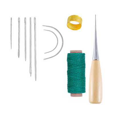 10 dalių rankinių odinių dirbinių įrankių rinkinys su adata, odine vaškuota sriegio gręžimo yla ir antpirščiu odai taisyti